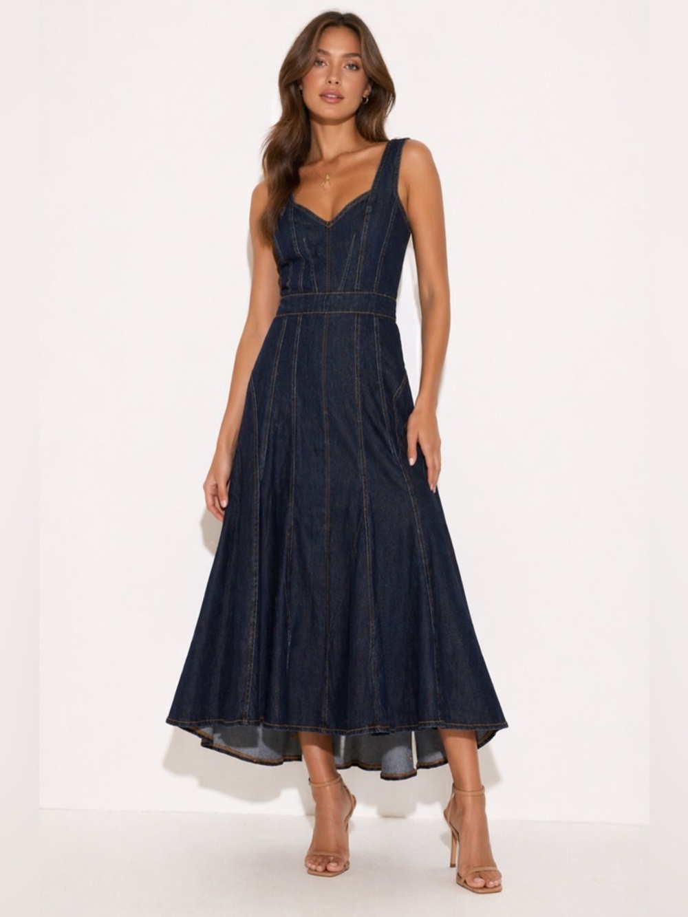 Tractr Denim Midi Dress XS Dark Wash Corset Seam Fit & Flare Sleeveless
